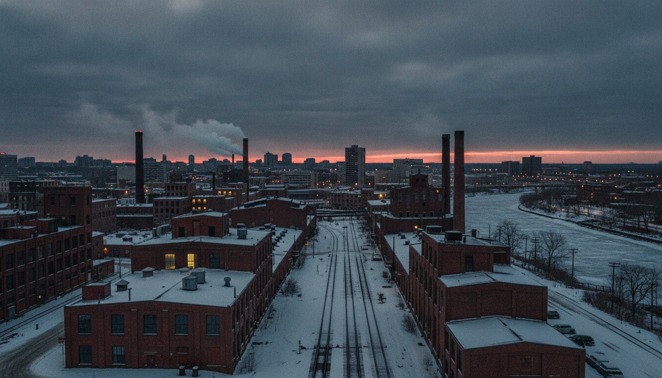 A cold industrial Midwestern cityscape at dusk with railroad tracks and warehouses under a moody sky