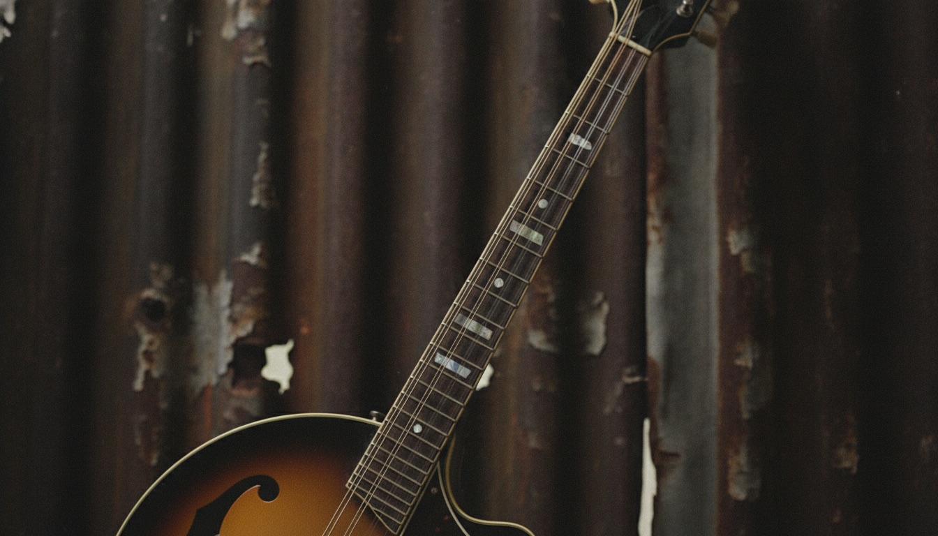 A banjo neck and a mandolin against dark weathered metal in gritty moody light