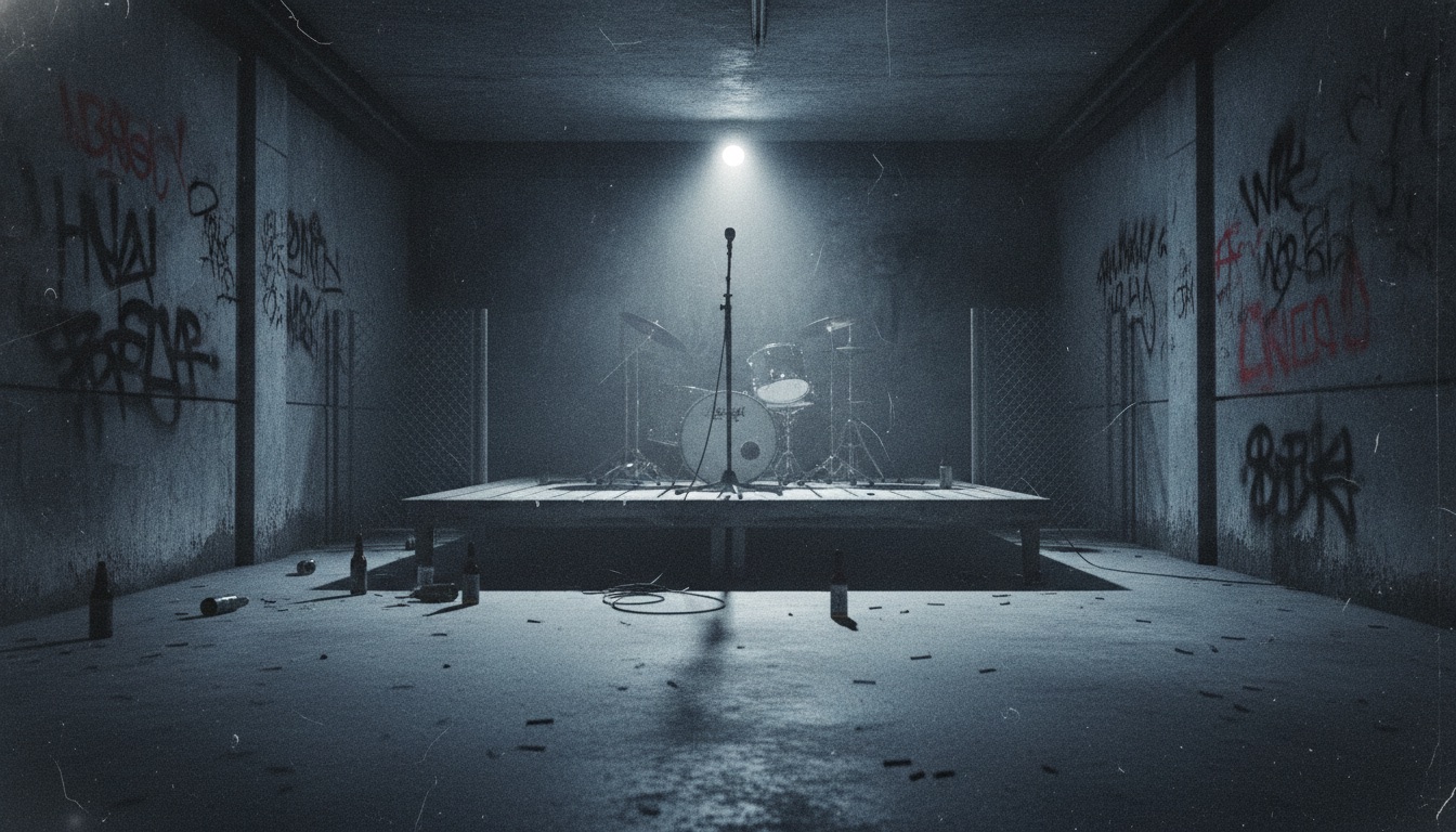 A dark gritty basement music venue with a low stage and single harsh spotlight