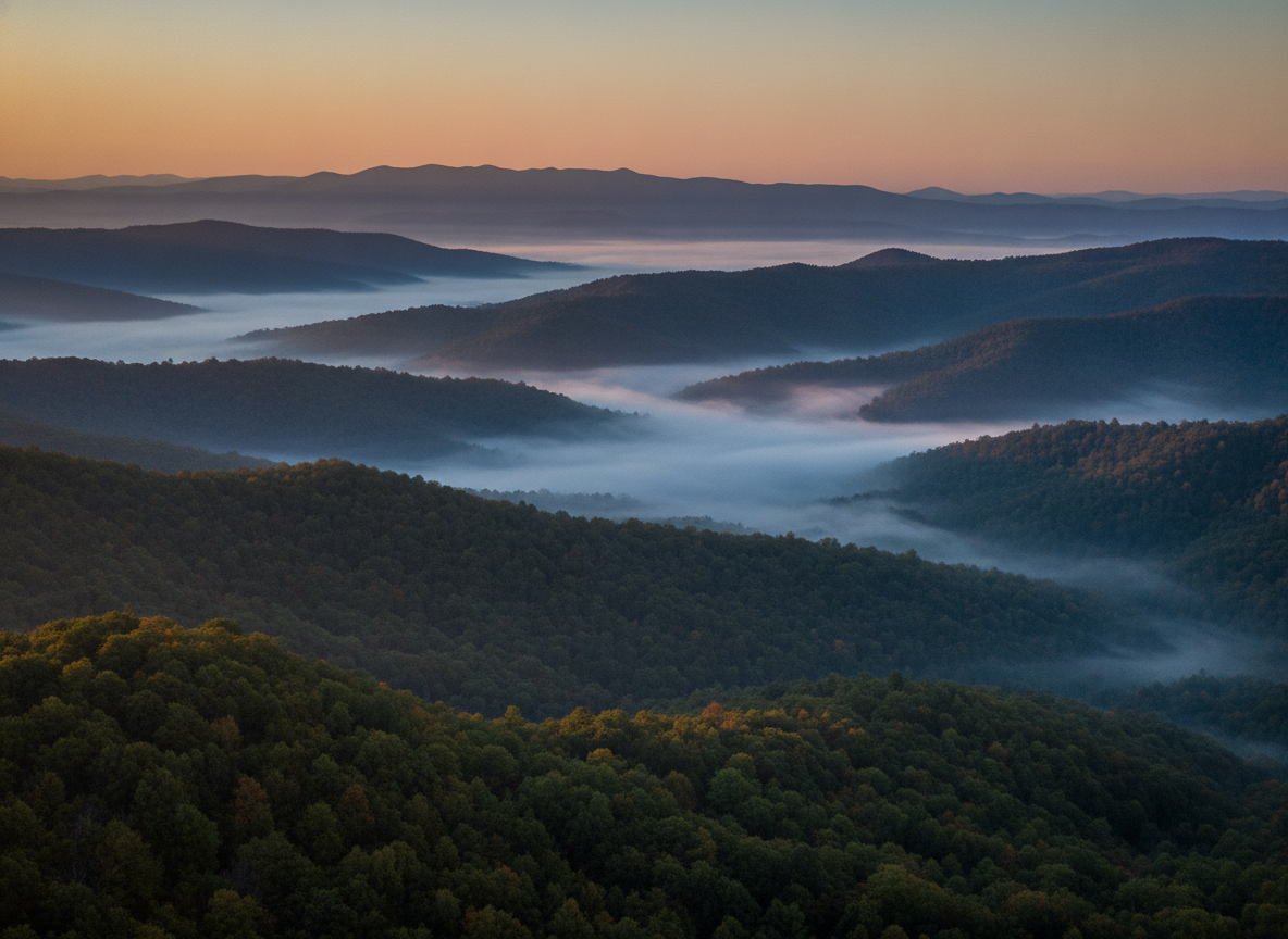 Blue mist settling over layered Appalachian mountain ridges at dawn in Southwest Virginia