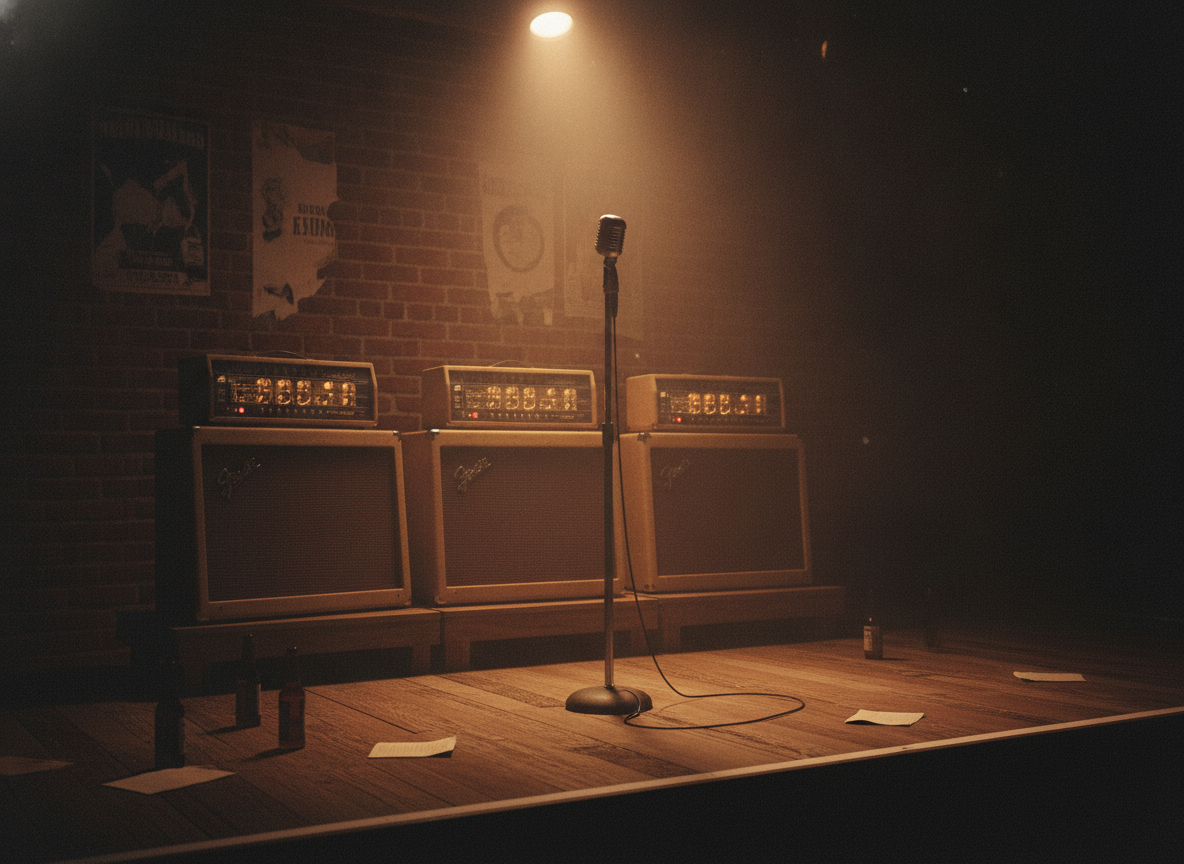A dim Appalachian roadhouse stage with amplifiers and warm amber light against a dark backdrop