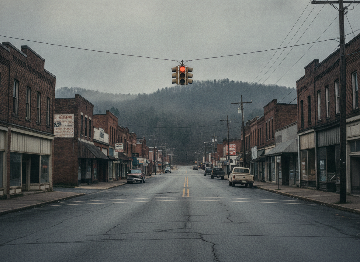 A quiet Appalachian small town main street with weathered storefronts under an overcast sky