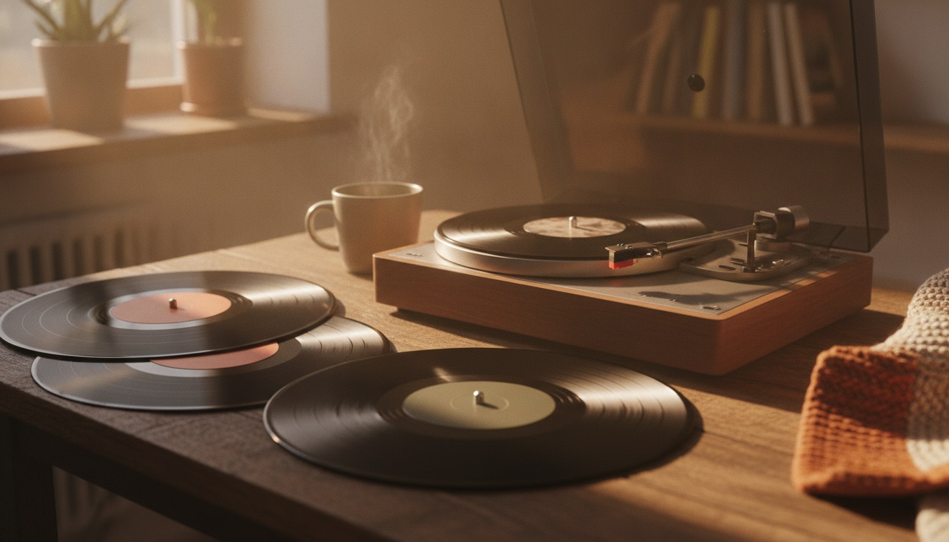 A warm still life of vinyl jazz records fanned out beside a turntable in golden light