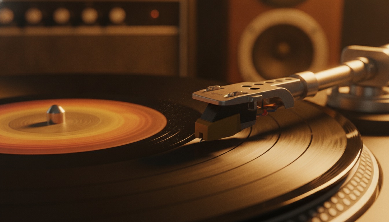 A close-up of a turntable needle on a spinning record in warm amber light
