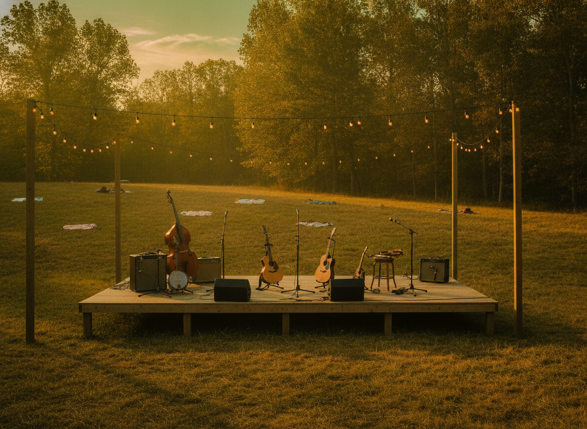 A warm outdoor bluegrass festival stage at golden hour with acoustic instruments and string lights