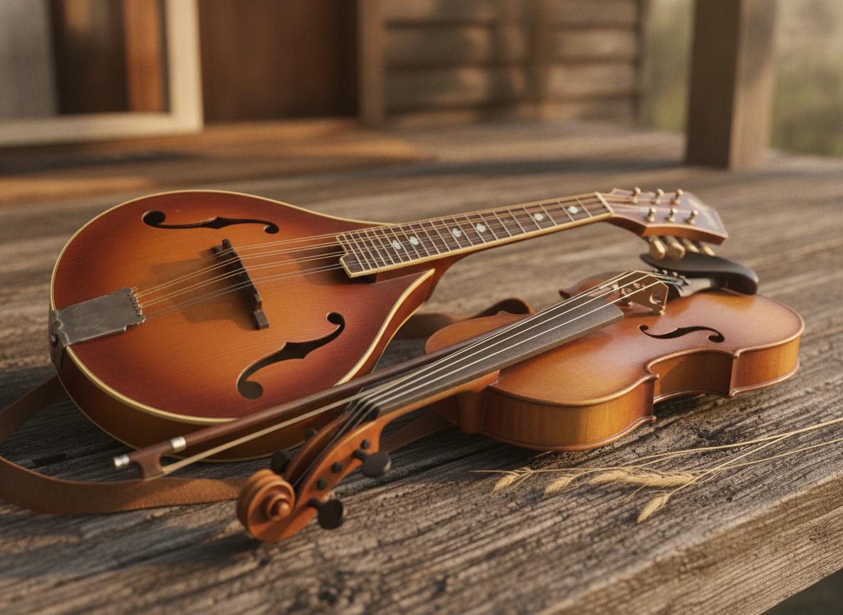A close view of an acoustic mandolin and fiddle resting together in warm afternoon light