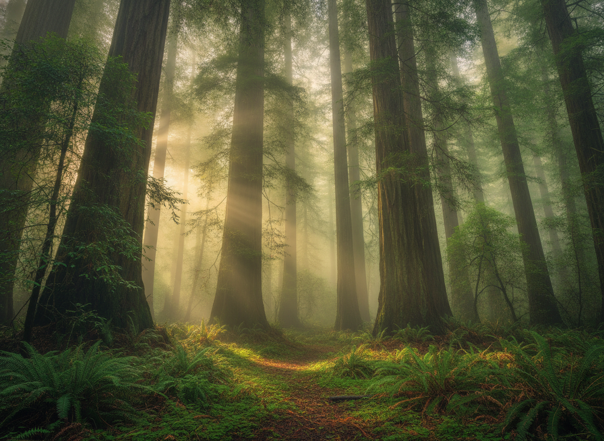 Tall coastal redwoods rising through soft green light in a Northern California forest