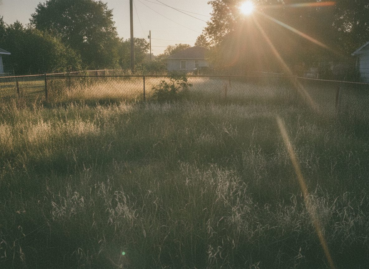 A hazy suburban backyard at golden hour with overgrown grass and a chain-link fence, empty and quiet