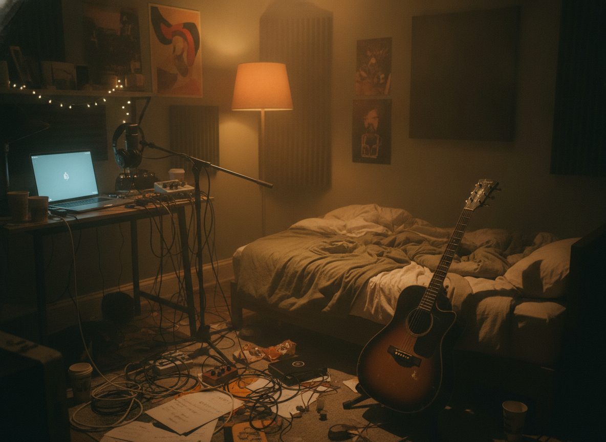 A dim suburban bedroom home studio with a secondhand guitar, tangled cables, and a laptop glowing in warm hazy light
