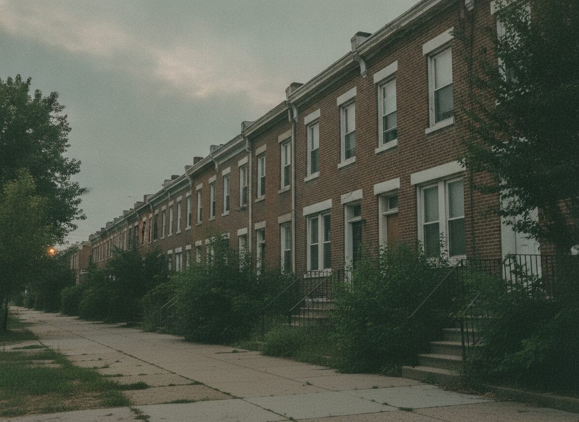 A quiet row of Philadelphia brick rowhouses at dusk under a hazy overcast sky, no people