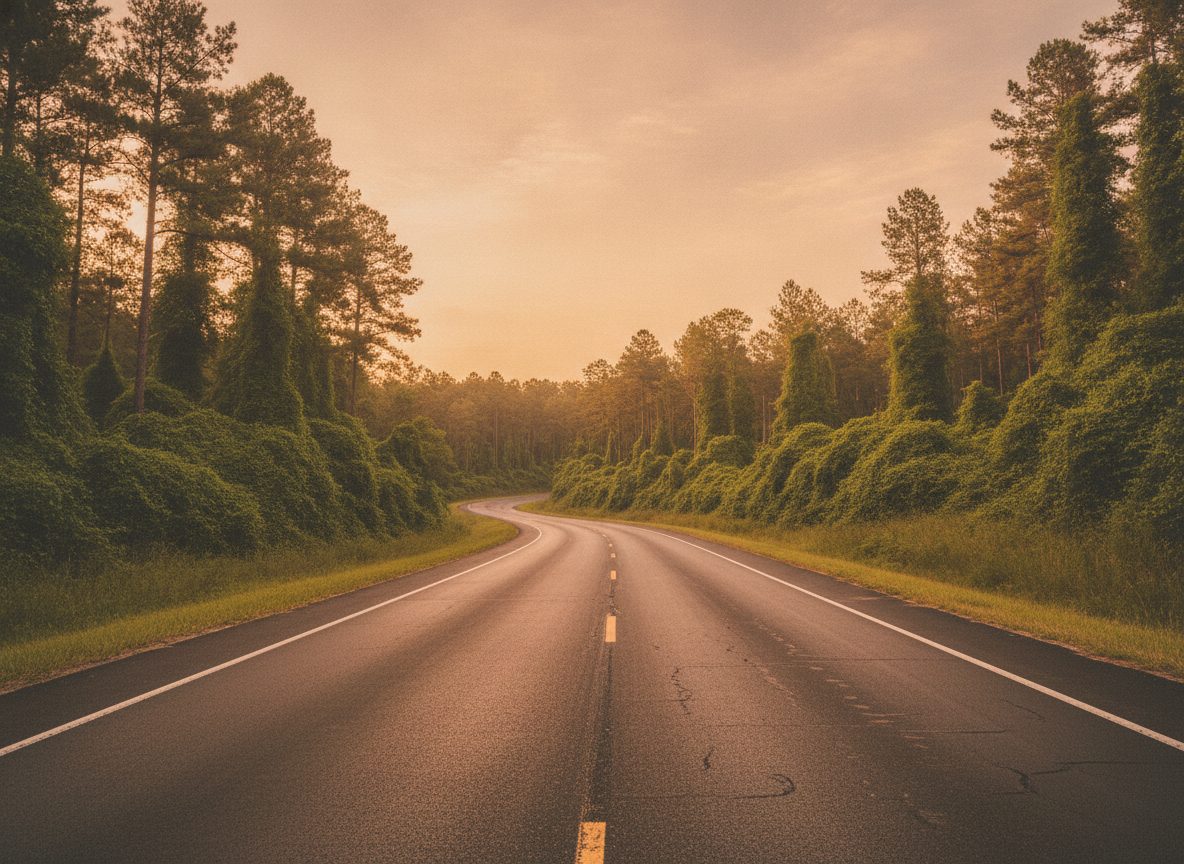 An empty Southern two-lane highway running past kudzu-draped pines under a warm hazy sky