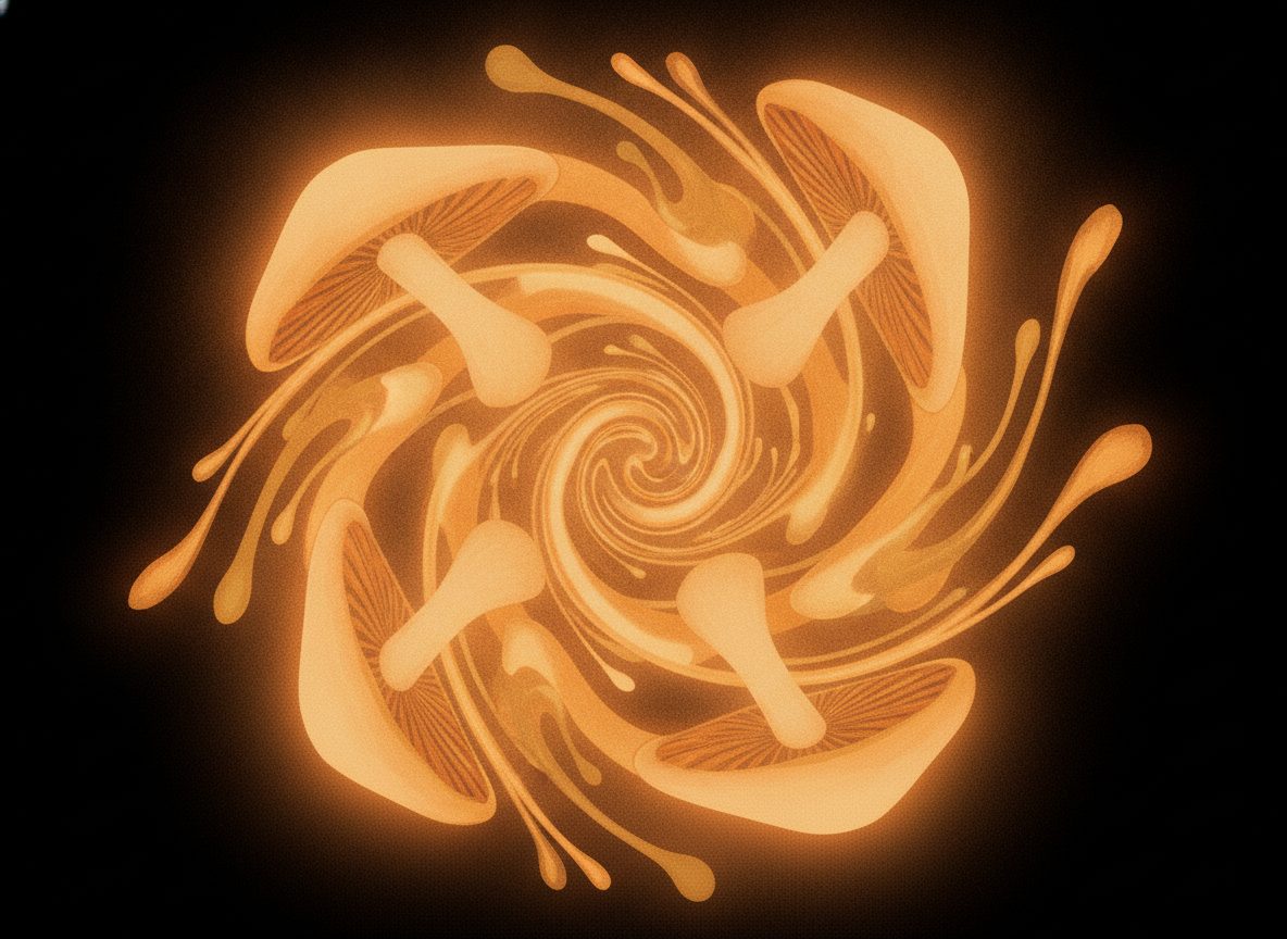 A warm psychedelic swirl of amber and gold mushroom imagery against a dark background