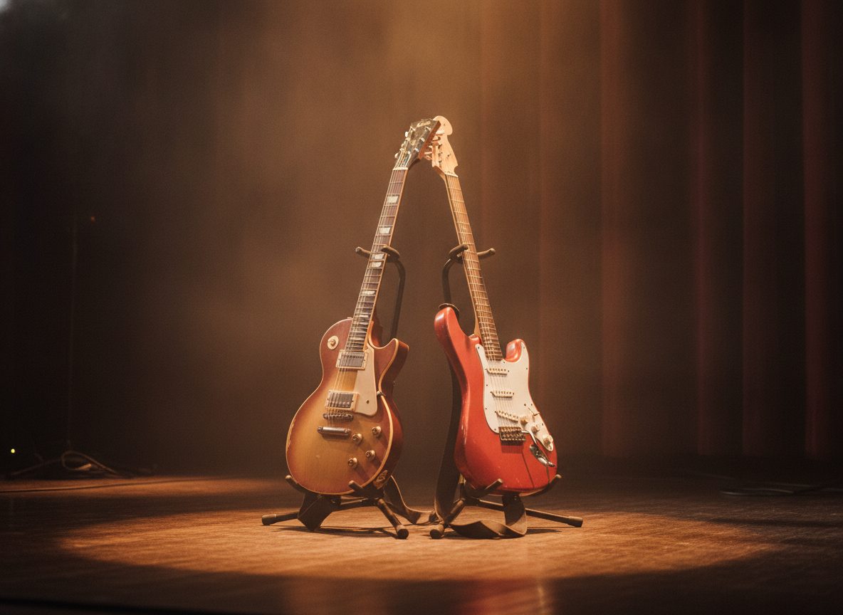 Two vintage electric guitars leaning together in warm amber stage light against a dark hazy backdrop