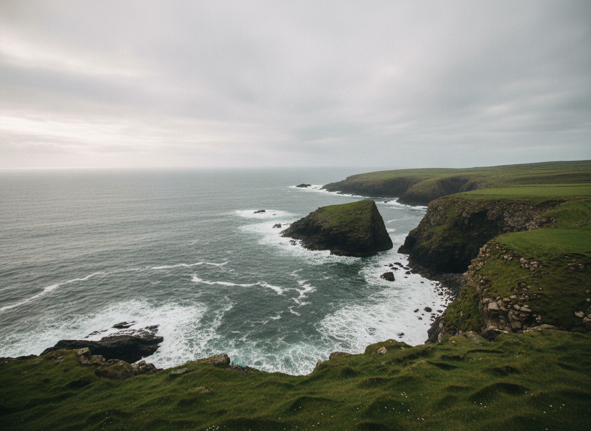 A rugged green Irish coastline meeting a grey sea under a soft overcast sky