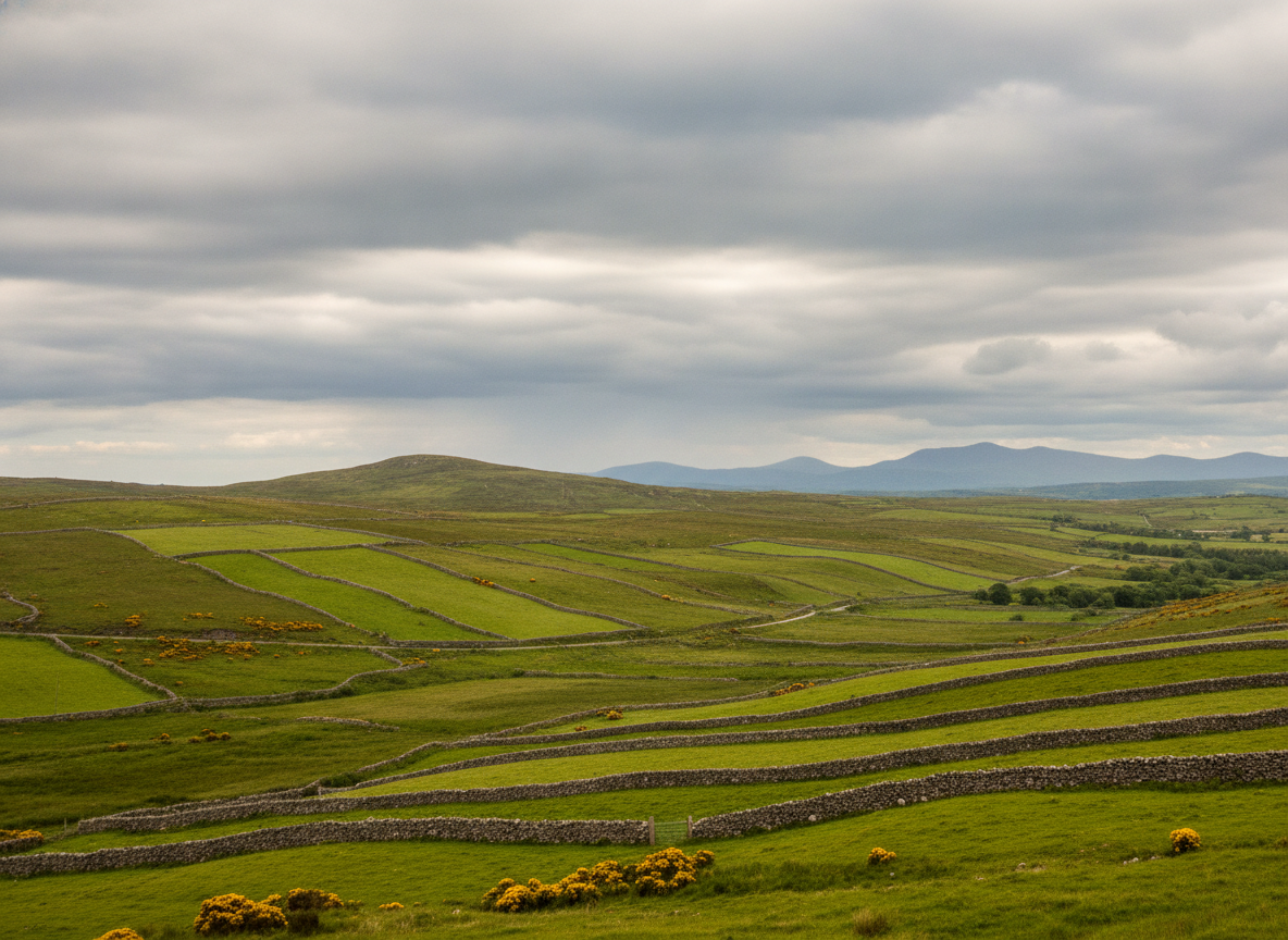 Rolling green Irish countryside with stone walls and low hills under a broad cloudy sky