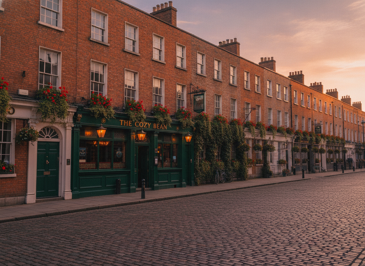 A quiet Dublin street of Georgian brick buildings and a traditional pub front in warm evening light