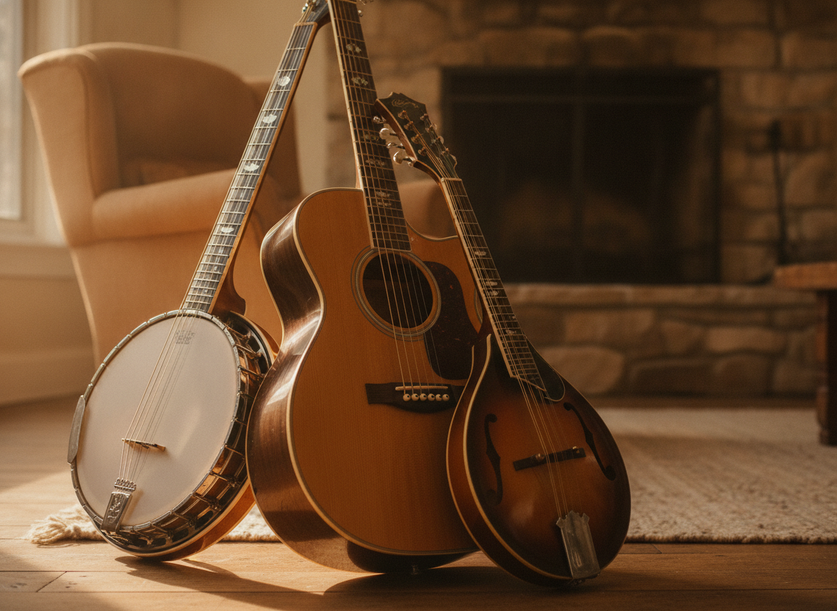 An acoustic guitar, a mandolin, and a banjo resting together in soft warm light