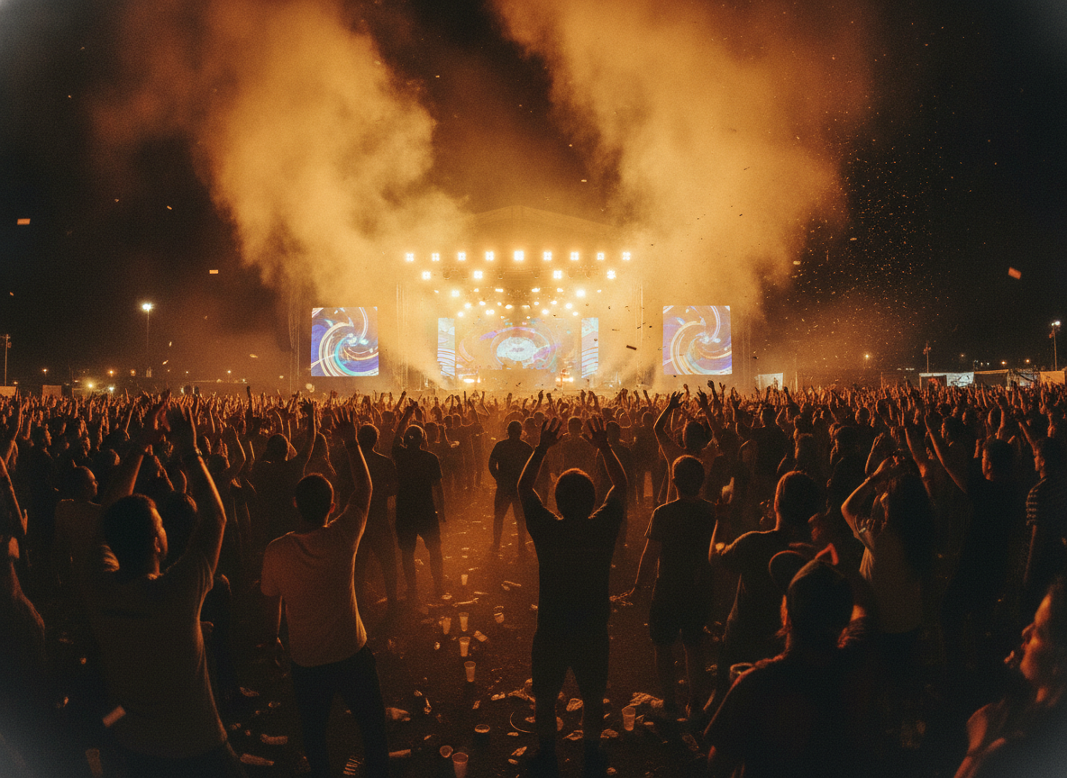 A packed outdoor music festival crowd at night lit by bright warm stage lights and haze