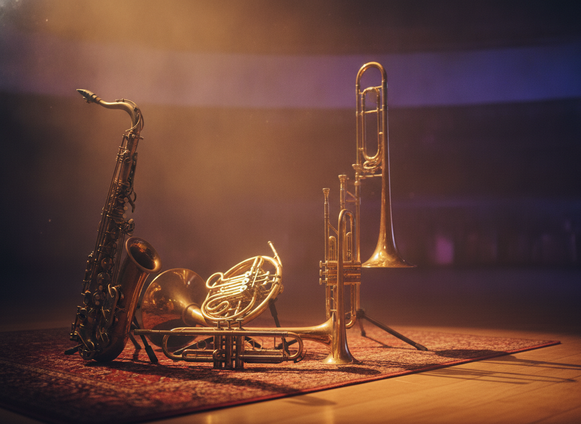 A saxophone and brass instruments resting under warm amber stage light against a dark hazy backdrop