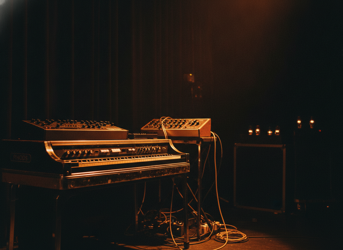 A vintage electric piano and keyboard rig bathed in warm orange stage light against a dark backdrop