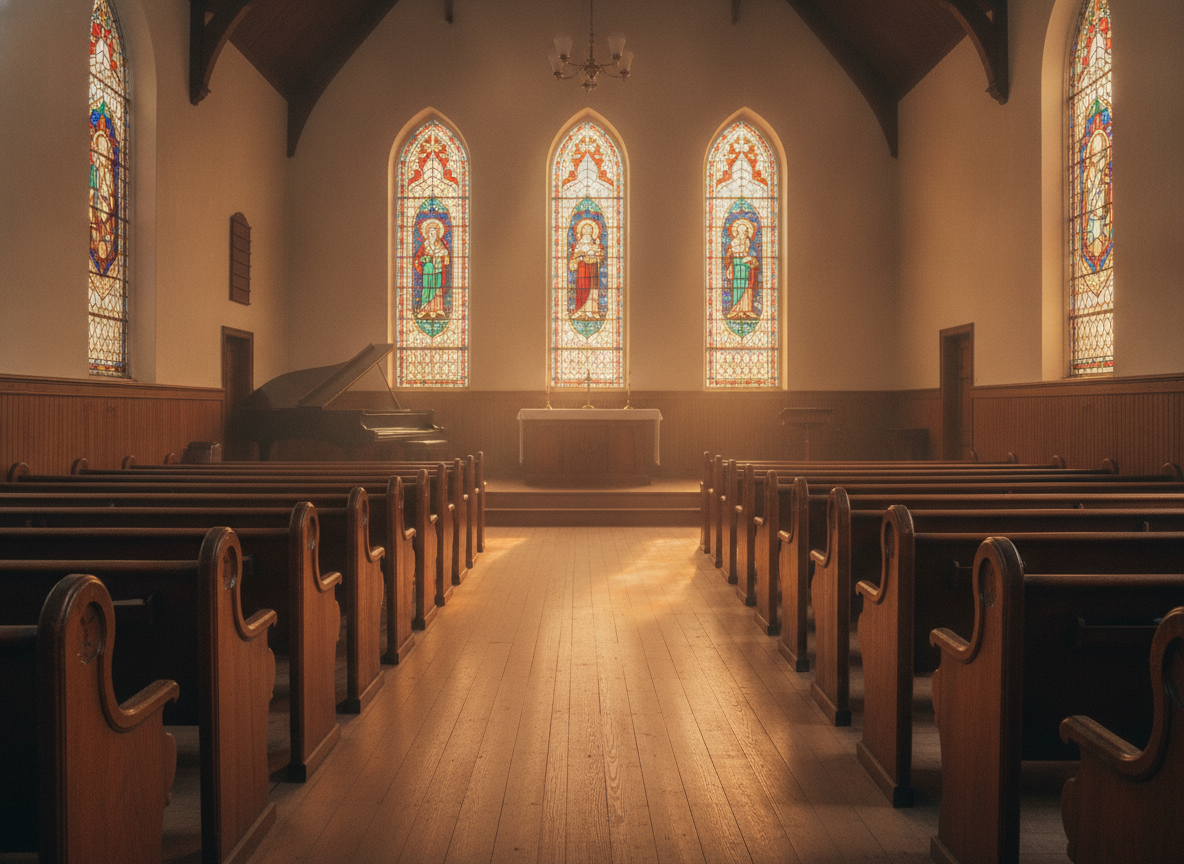 Empty wooden church pews and a piano beneath warm gold light through tall stained-glass windows