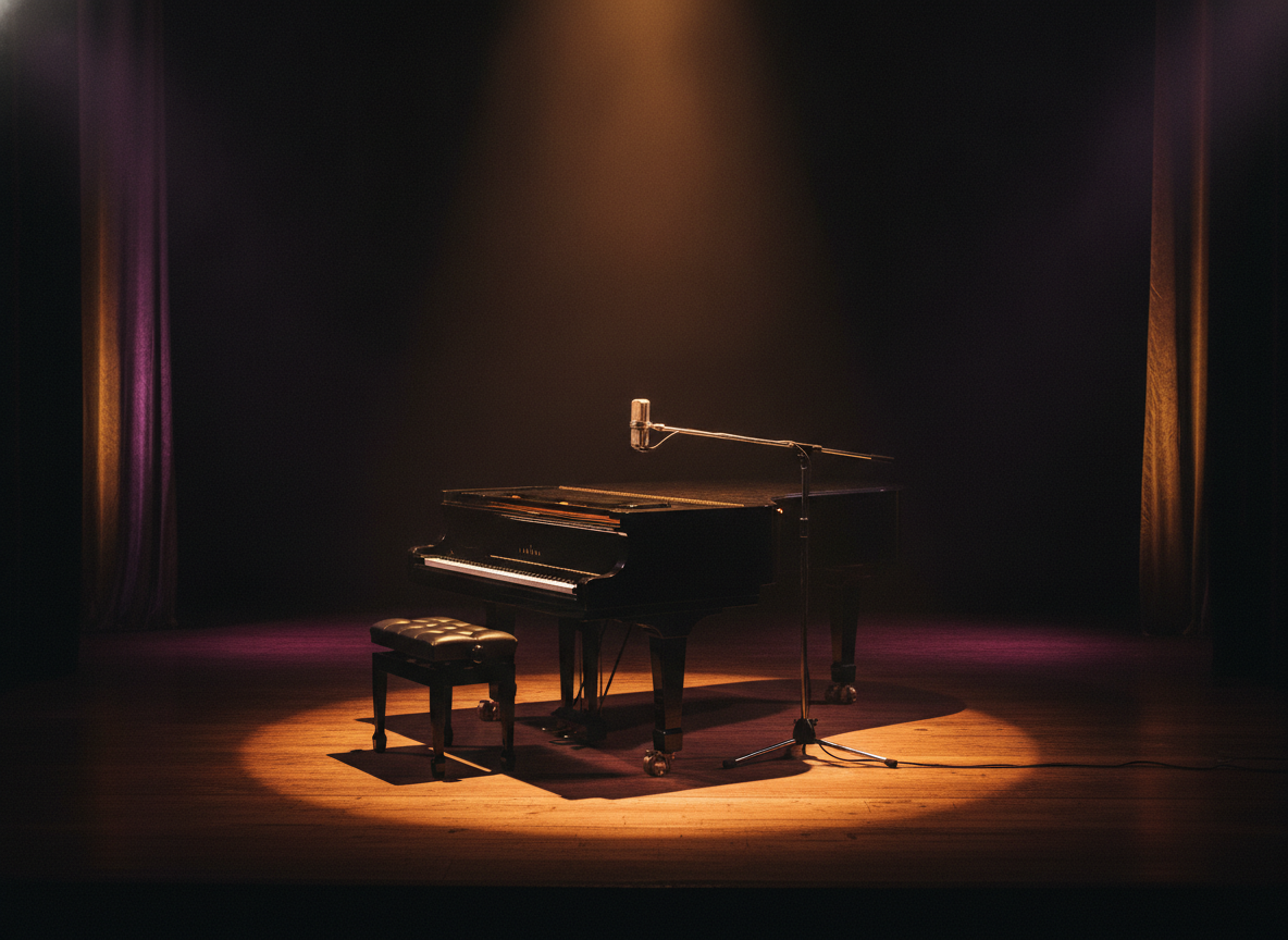 A grand piano and vintage microphone under a single warm spotlight on a dark stage in purple and gold light
