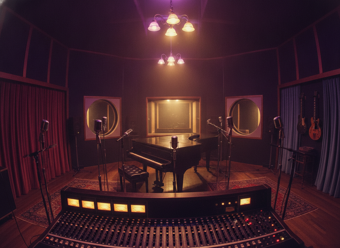 A vintage recording studio with a grand piano and microphones bathed in warm gold and purple light
