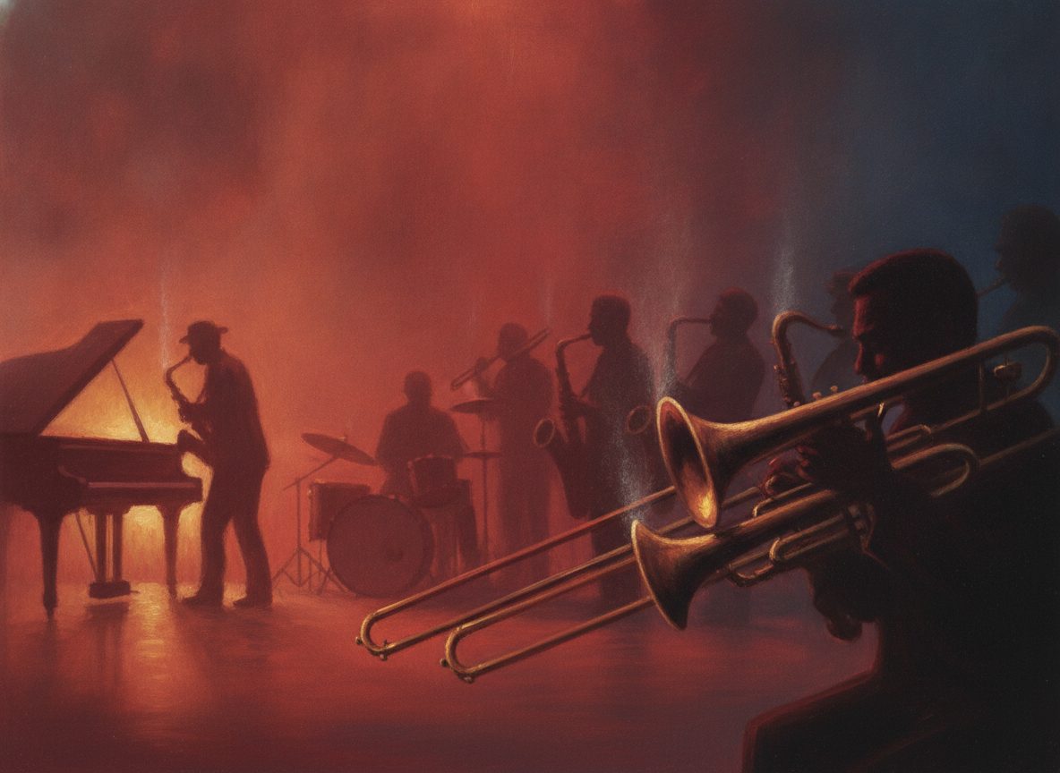 A vintage rhythm-and-blues big band silhouetted on stage behind glowing brass horns in warm red light