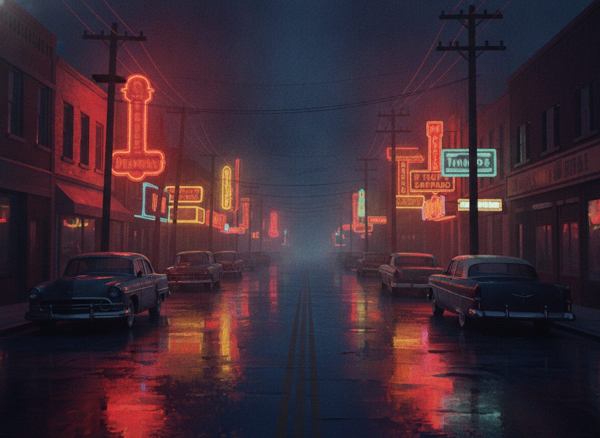 A rain-slick nighttime street of neon blues-club signs glowing red and gold in Memphis