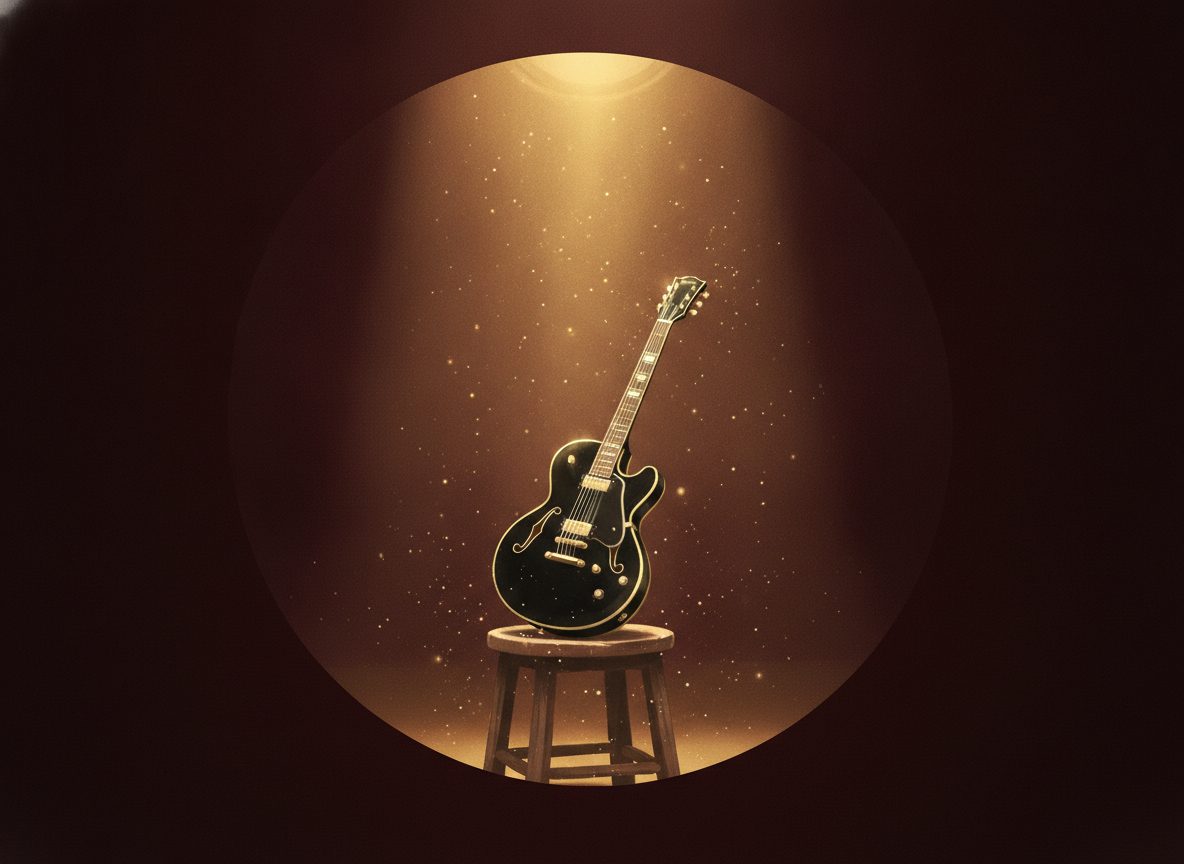 A lone vintage hollow-body guitar resting on a stool in a warm golden theater spotlight