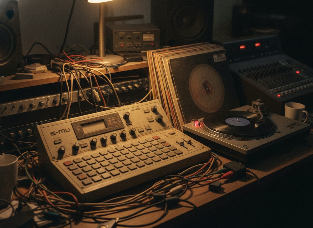 A vintage sampler, a turntable, and a stack of records lit warmly in a cluttered downtown studio