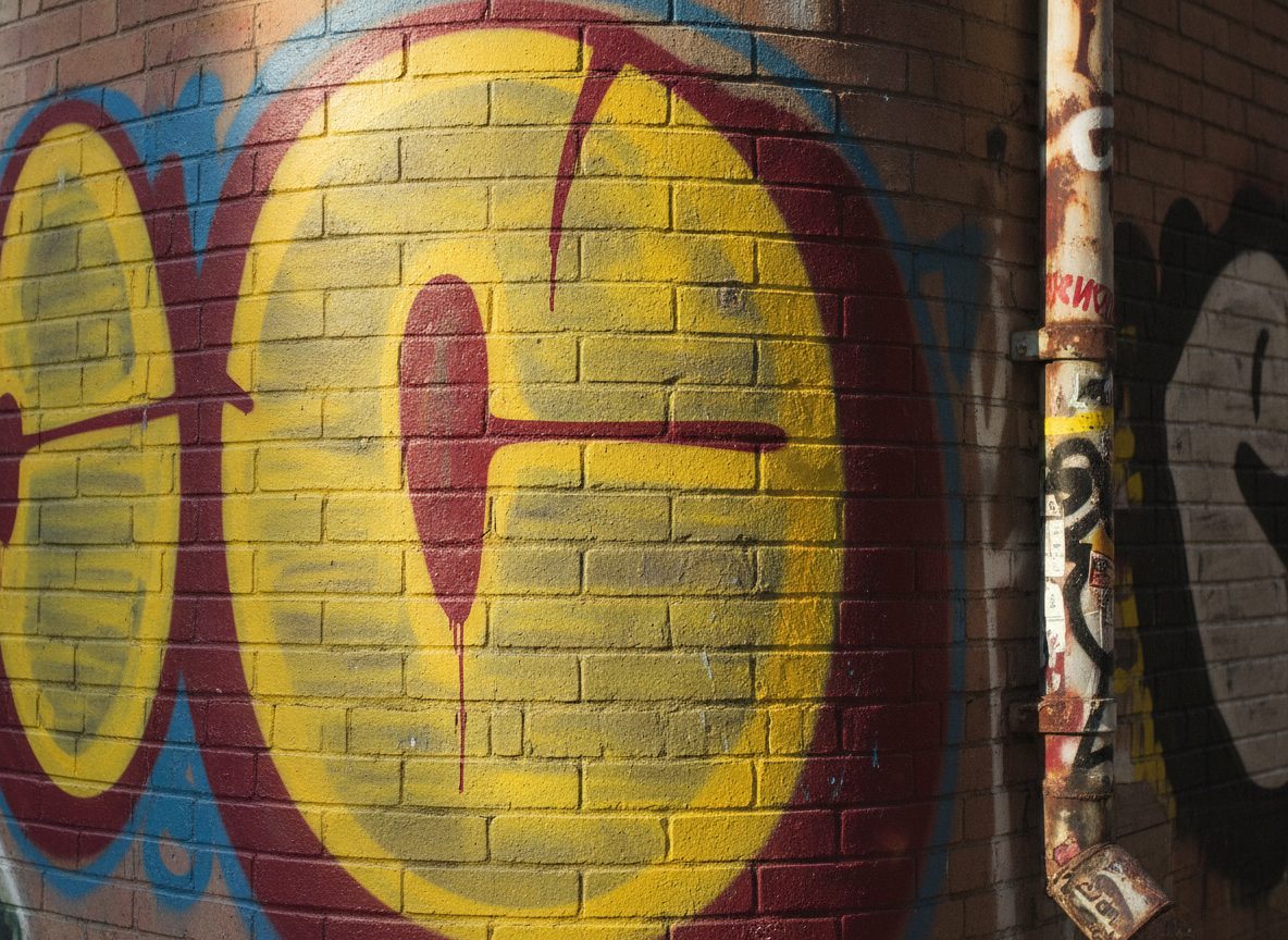A graffiti-covered brick wall on a downtown New York City street corner under hazy afternoon light