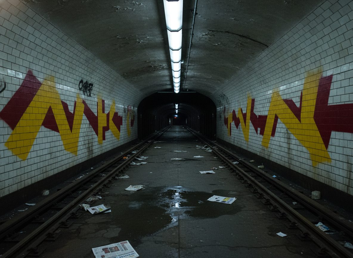 A weathered New York City subway platform tiled in white with bold graffiti tags along the wall