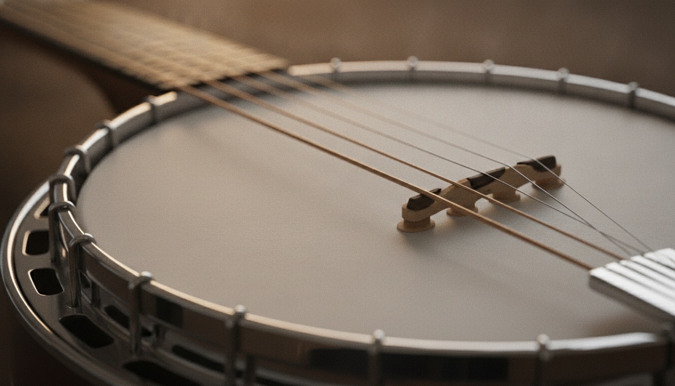 Close-up of the resonator and strings of a gleaming modern five-string banjo in dramatic light