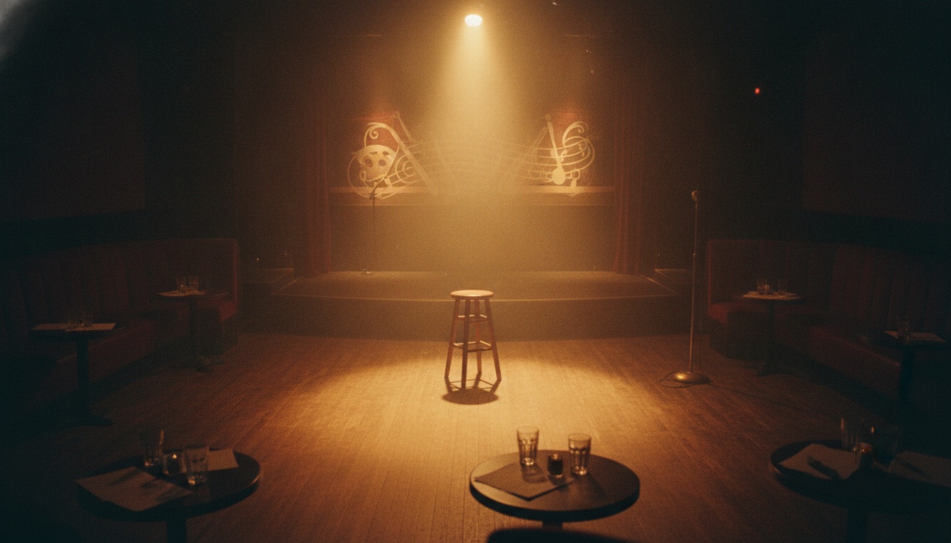 A dim intimate jazz club at night with an empty stage, a spotlight, and a stool