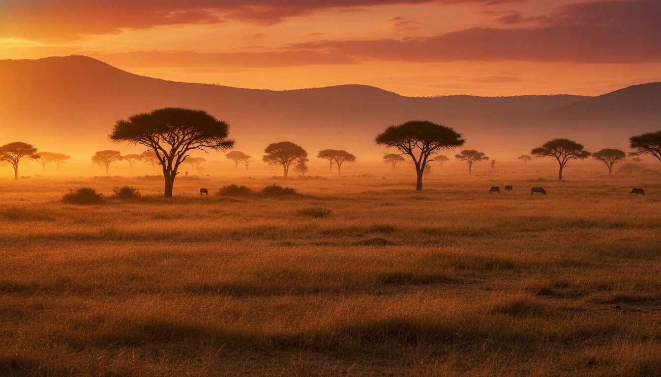 An African savanna at golden hour with acacia trees silhouetted against a warm sky