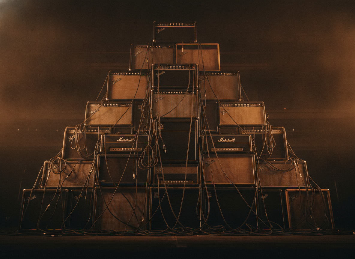 A wall of vintage amplifiers and cables under warm stage light against a dark, hazy backdrop
