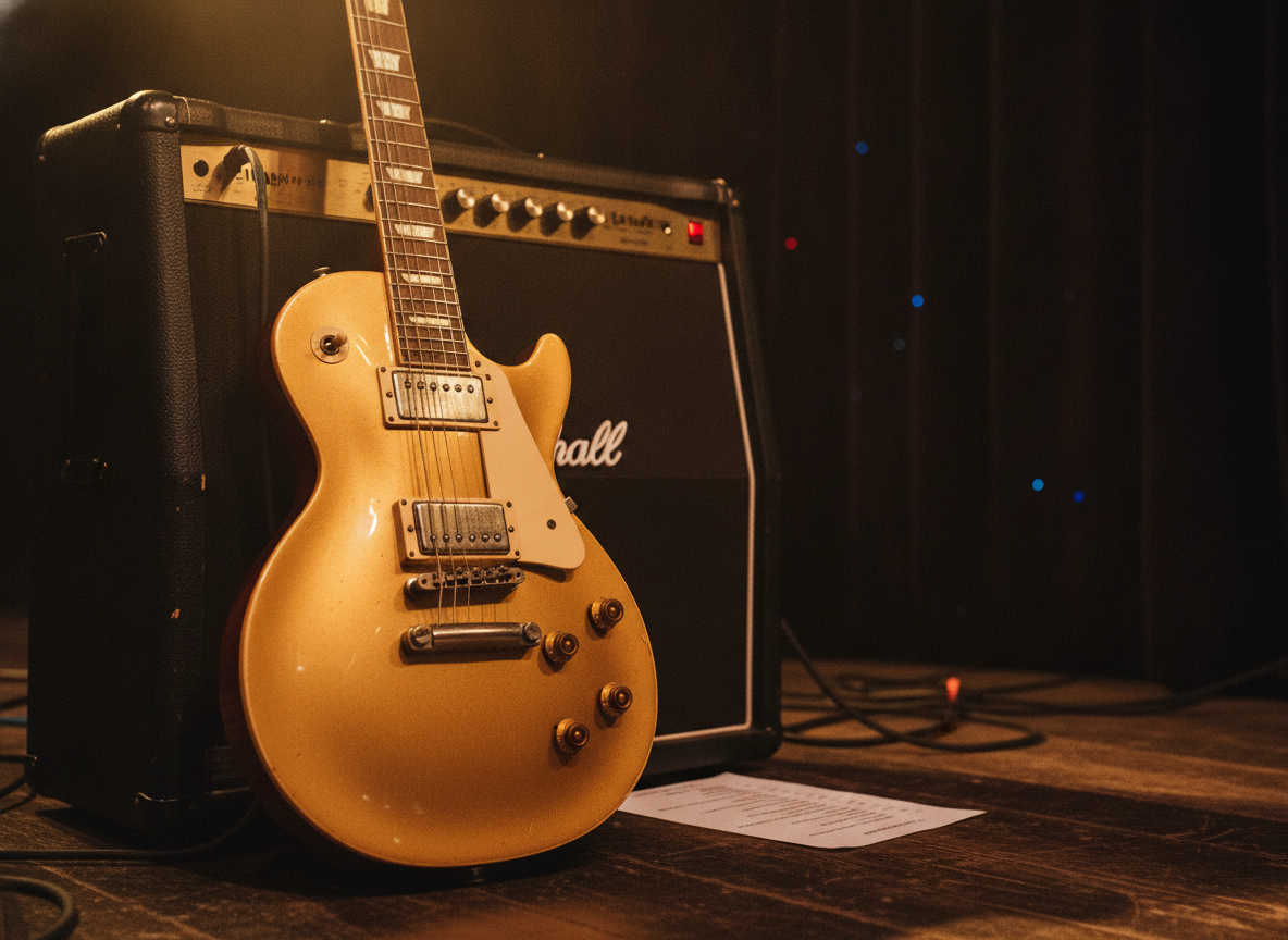 A goldtop electric guitar leaning against an amplifier under warm stage light against a dark backdrop
