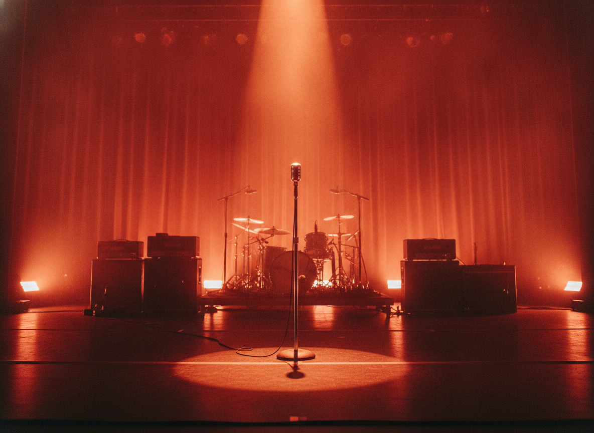 A red-lit concert stage with a single microphone stand and hazy warm light, no performers visible