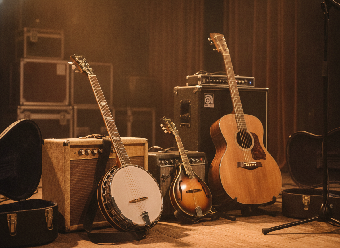 A banjo, mandolin, and acoustic guitar resting against amplifiers on a wooden stage in warm light