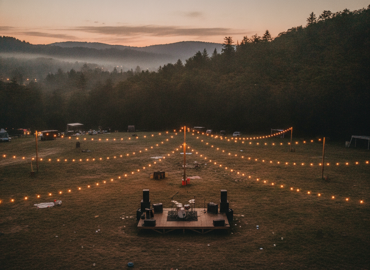 An open-air music festival field at dusk with string lights and a low wooden stage below wooded hills
