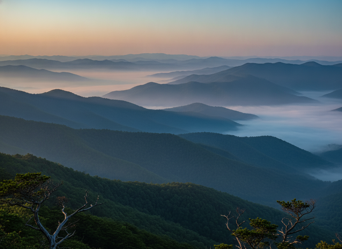 Layered blue and green ridgelines of the southern Appalachian mountains fading into morning haze
