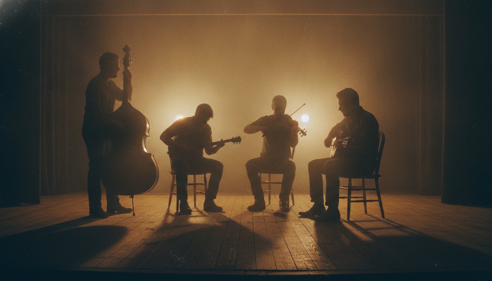 A five-piece old-time string band in a loose circle, in silhouette under warm amber light