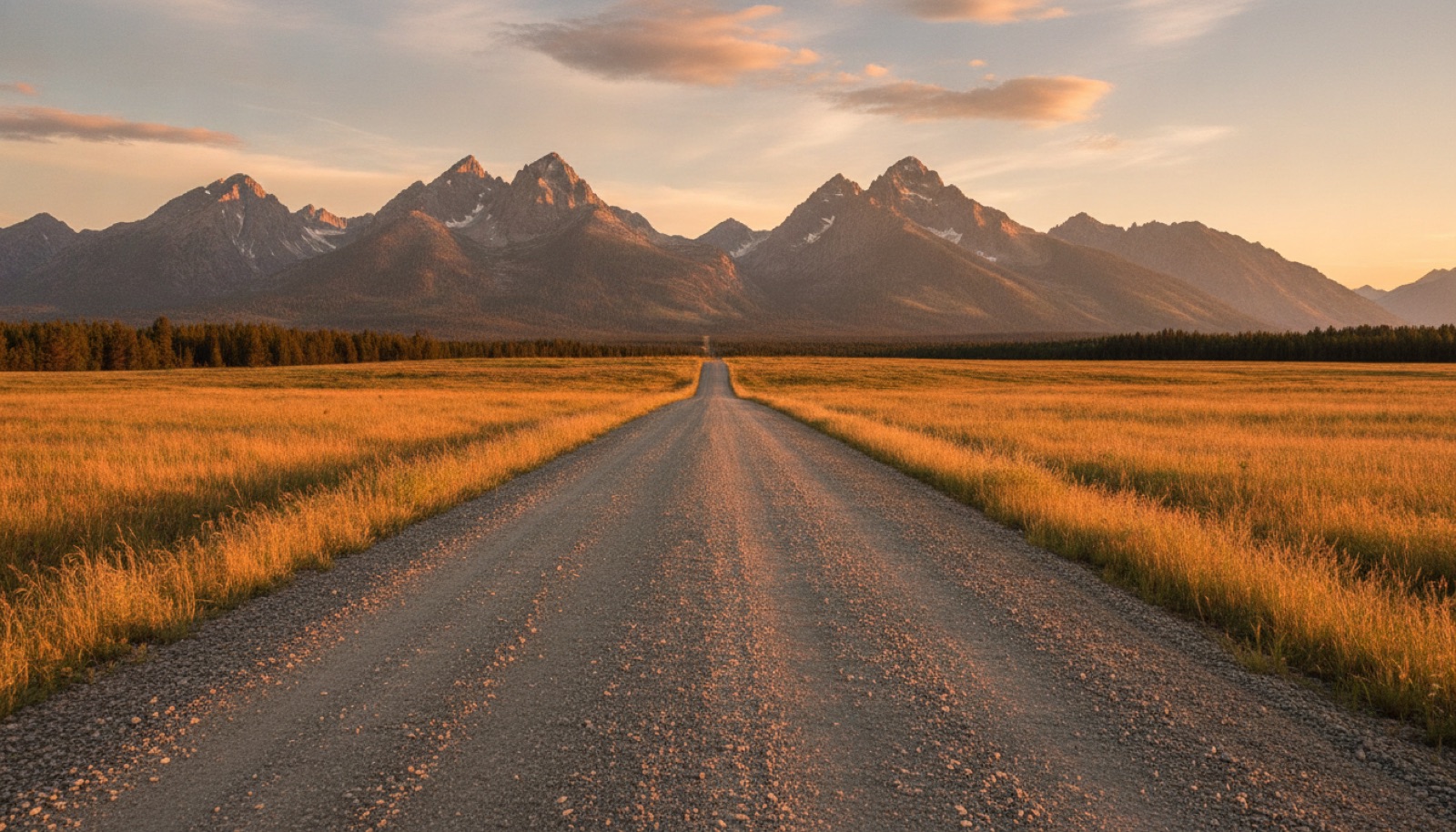 An empty gravel road cutting through amber prairie grass with the Rocky Mountains rising in the distance