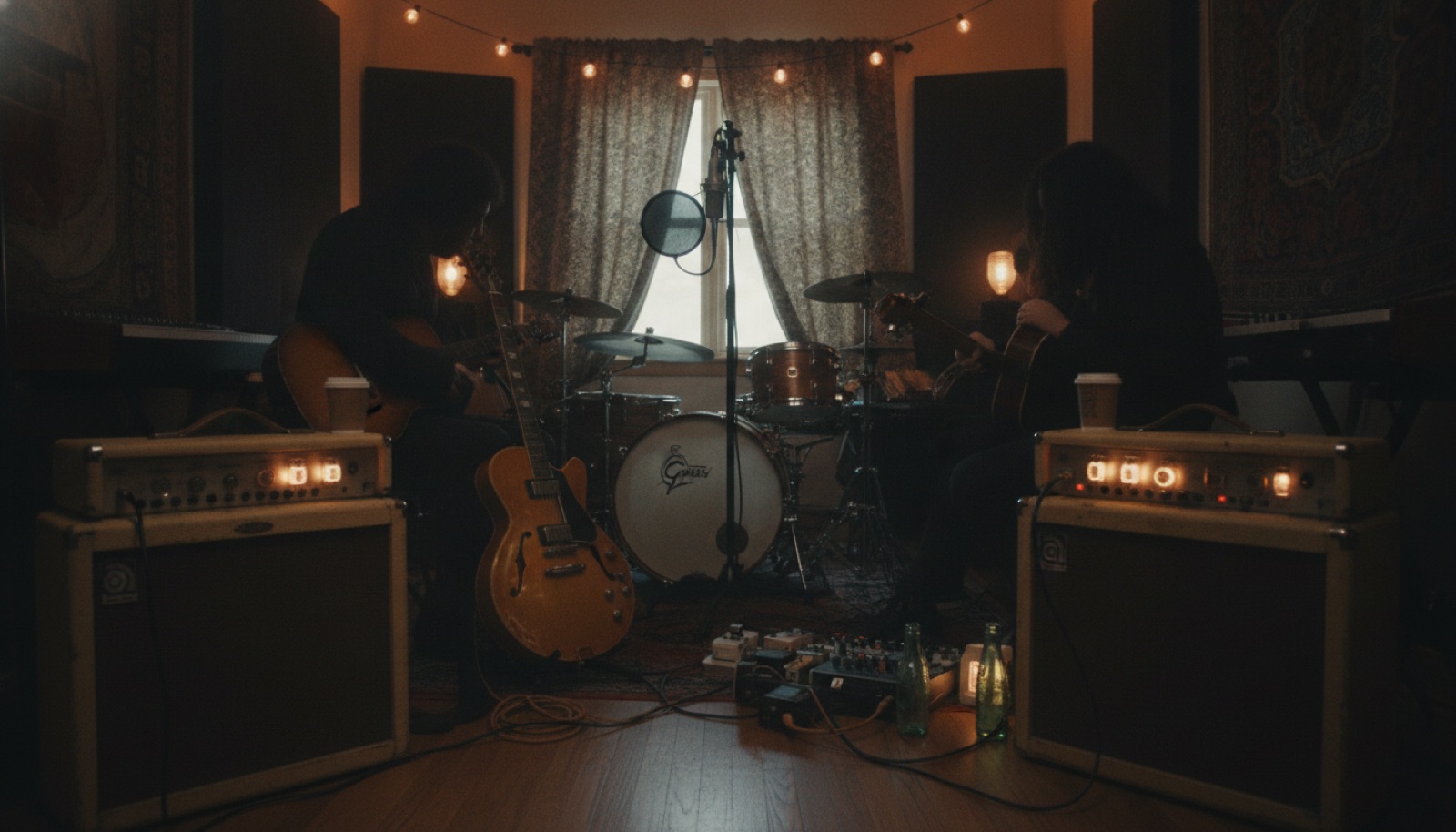 Four musicians gathered close together in a warm, dimly lit room with vintage amplifiers and instruments