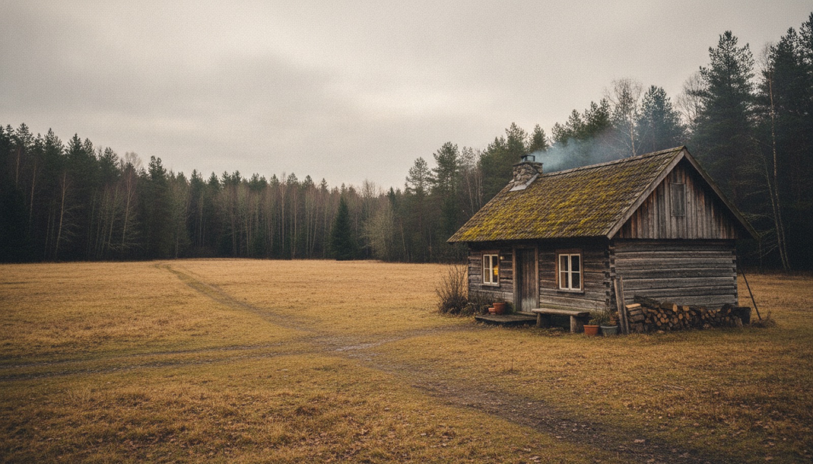 A weathered wooden cabin at the edge of a wide field under a pale overcast sky