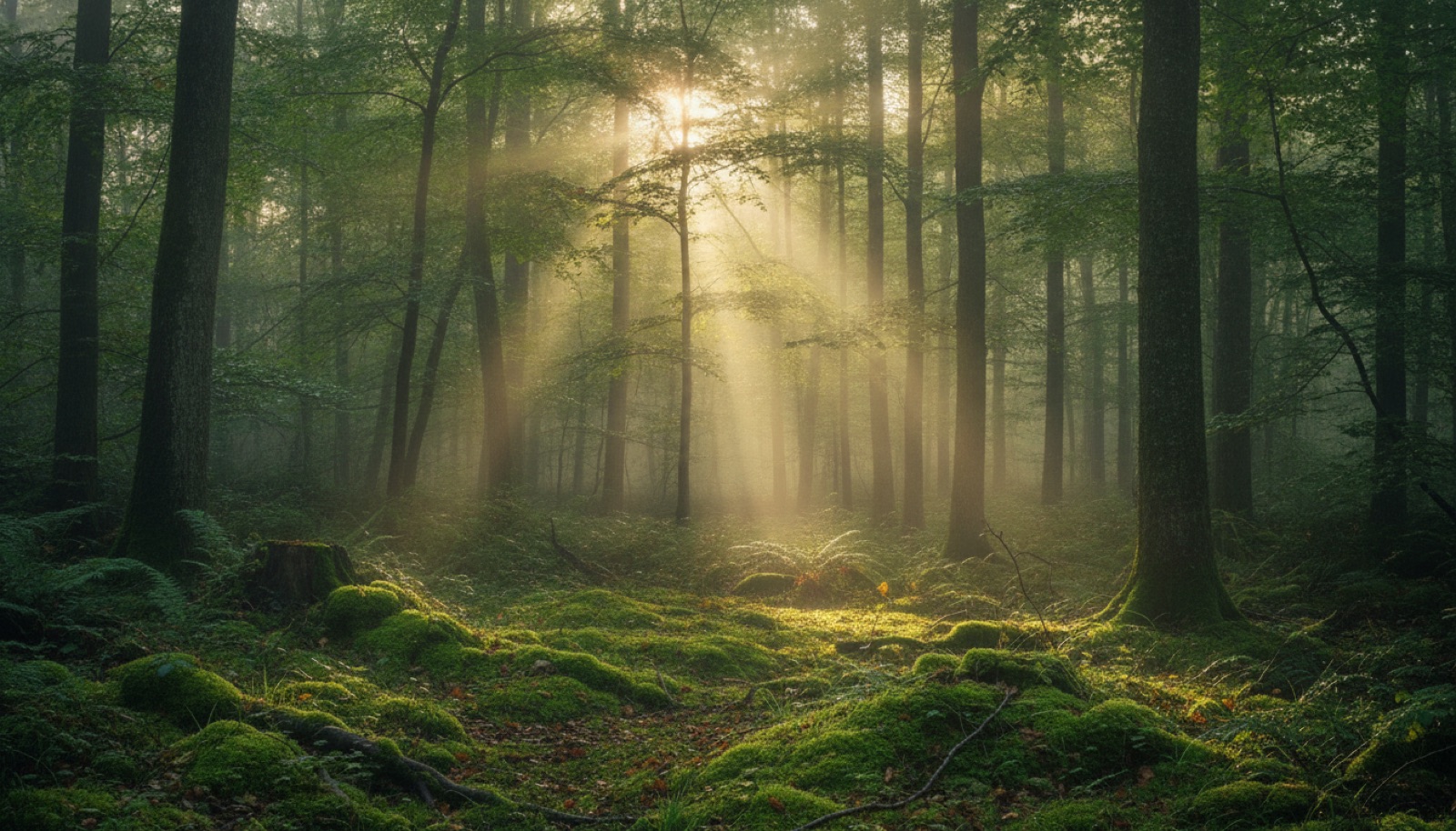 Soft morning light filtering through a dense green forest with mist hanging low over the ground
