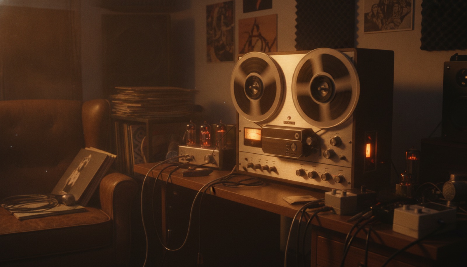 A reel-to-reel tape machine glowing warmly in a cluttered home recording studio
