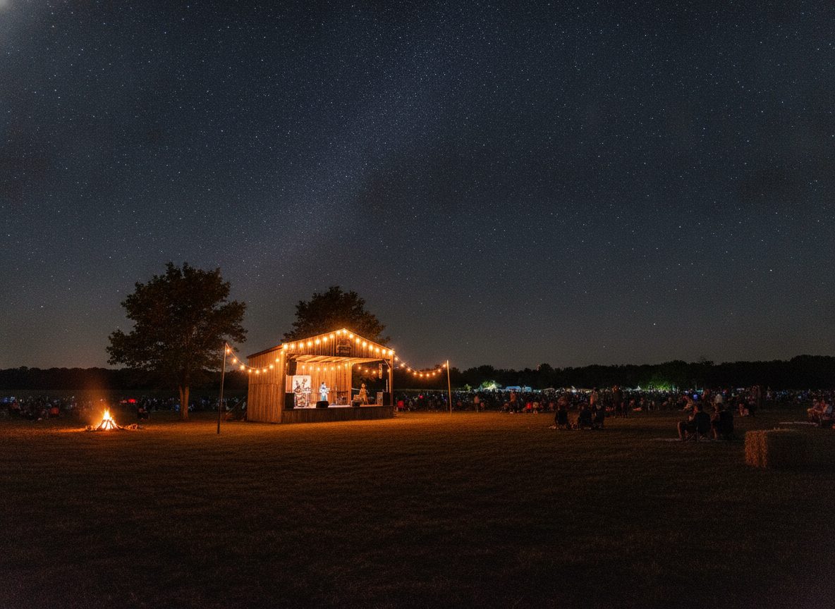 A rural bluegrass festival field at dusk with a simple wooden stage and string lights under a starry sky, no faces visible