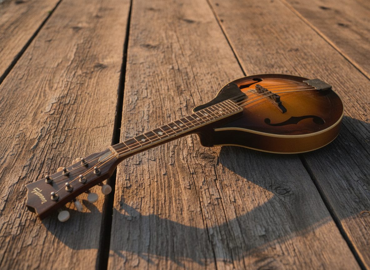 A vintage F-style mandolin resting on weathered barn wood in warm amber light